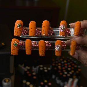 Matte Orange Speckled Luxury Press on Nails with rhinestones